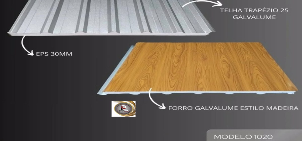Camadas da telha sanduíche: Galvalume, EPS 30mm e forro amadeirado